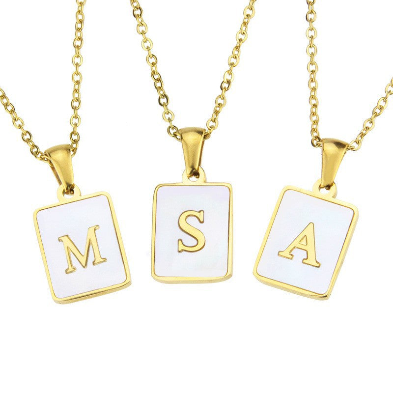 Stainless Steel Square Shell 26 Letter Necklace Simple Fashion English Pendant Necklace