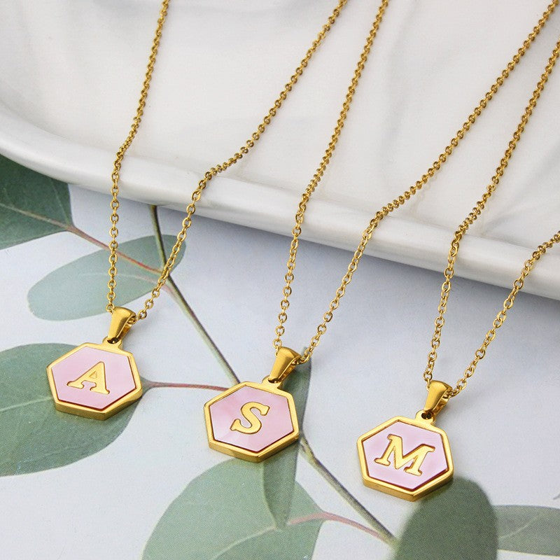 Stainless Steel Square Shell 26 Letter Necklace Simple Fashion English Pendant Necklace