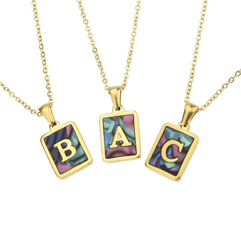 Stainless Steel Square Shell 26 Letter Necklace Simple Fashion English Pendant Necklace