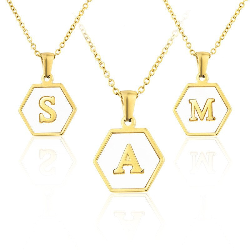 Stainless Steel Square Shell 26 Letter Necklace Simple Fashion English Pendant Necklace