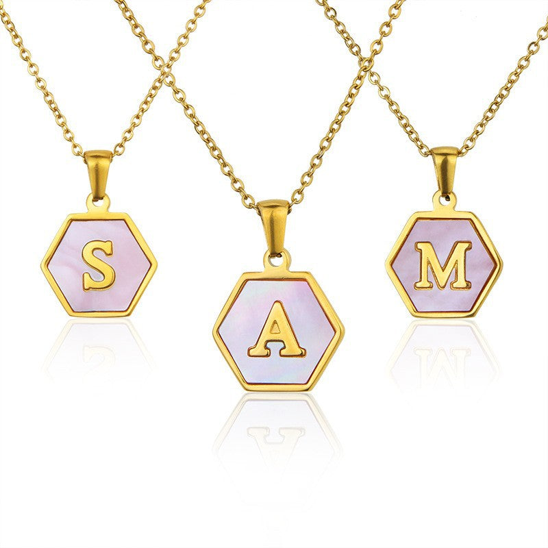 Stainless Steel Square Shell 26 Letter Necklace Simple Fashion English Pendant Necklace