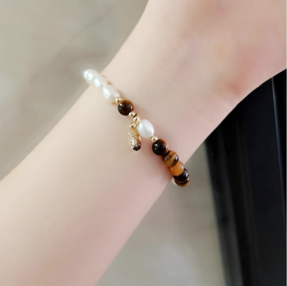 Fortune-Attracting Natural Cat's Eye & Tiger's Eye Beaded Bracelet | Luxurious, Retro Small-Batch Design | Silver & Pearl Double-Layer Bracelet for Couples