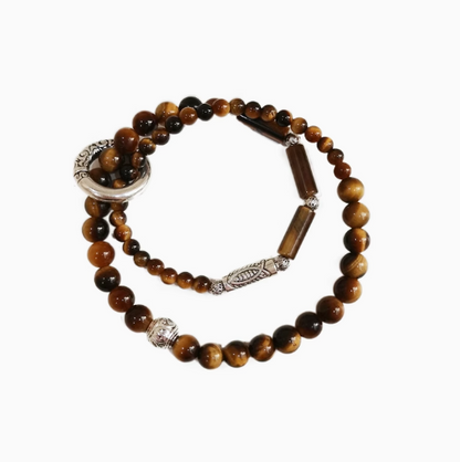 Fortune-Attracting Natural Cat's Eye & Tiger's Eye Beaded Bracelet | Luxurious, Retro Small-Batch Design | Silver & Pearl Double-Layer Bracelet for Couples