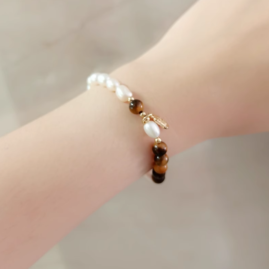 Fortune-Attracting Natural Cat's Eye & Tiger's Eye Beaded Bracelet | Luxurious, Retro Small-Batch Design | Silver & Pearl Double-Layer Bracelet for Couples