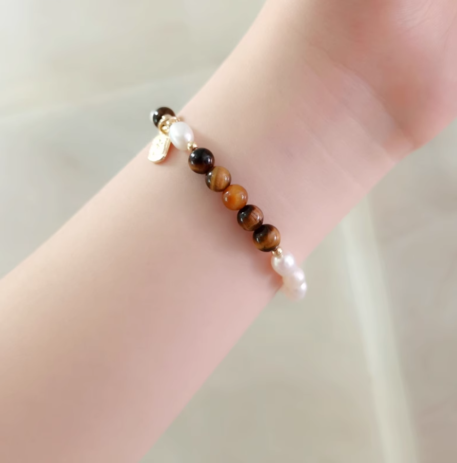 Fortune-Attracting Natural Cat's Eye & Tiger's Eye Beaded Bracelet | Luxurious, Retro Small-Batch Design | Silver & Pearl Double-Layer Bracelet for Couples