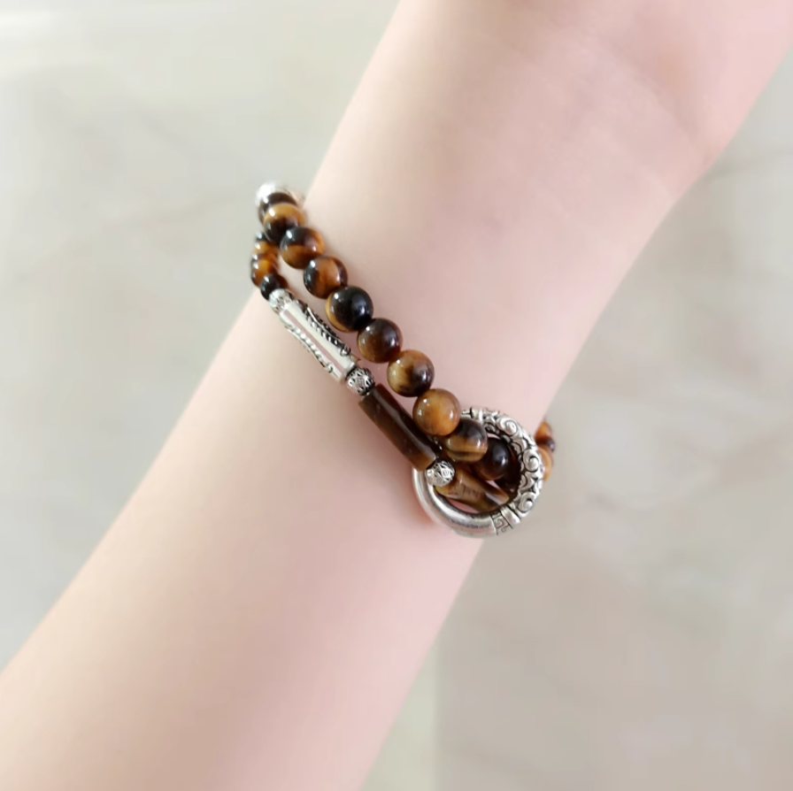 Fortune-Attracting Natural Cat's Eye & Tiger's Eye Beaded Bracelet | Luxurious, Retro Small-Batch Design | Silver & Pearl Double-Layer Bracelet for Couples