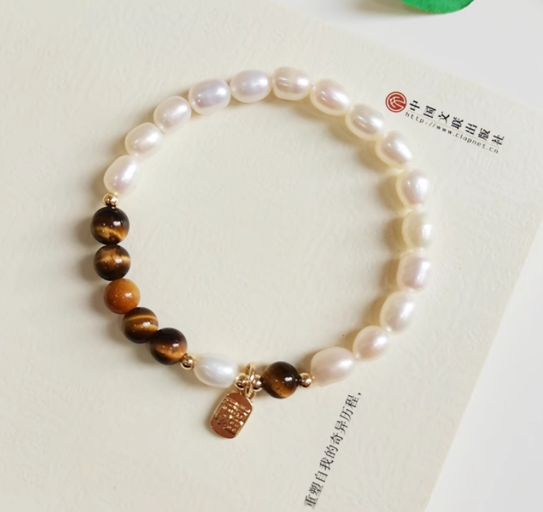 Fortune-Attracting Natural Cat's Eye & Tiger's Eye Beaded Bracelet | Luxurious, Retro Small-Batch Design | Silver & Pearl Double-Layer Bracelet for Couples