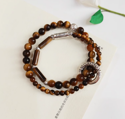 Fortune-Attracting Natural Cat's Eye & Tiger's Eye Beaded Bracelet | Luxurious, Retro Small-Batch Design | Silver & Pearl Double-Layer Bracelet for Couples