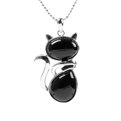 Black Agate Crystal Cat Necklace