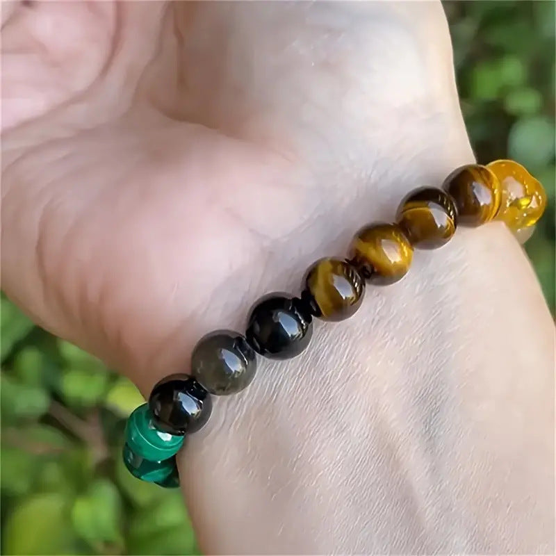 Tiger Eye & Obsidian Couple Bracelet | Handmade Beaded Stretch Bracelet | Men & Women | Green Peacock Lucky Charm Bracelet