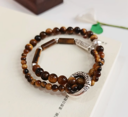 Fortune-Attracting Natural Cat's Eye & Tiger's Eye Beaded Bracelet | Luxurious, Retro Small-Batch Design | Silver & Pearl Double-Layer Bracelet for Couples