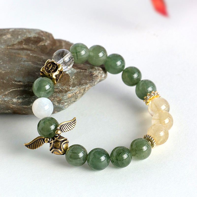 Harry Potter Gold Snitch Bracelet | Green Quartz Rutilated Crystal Beaded Bracelet | Unisex Lucky Bracelet