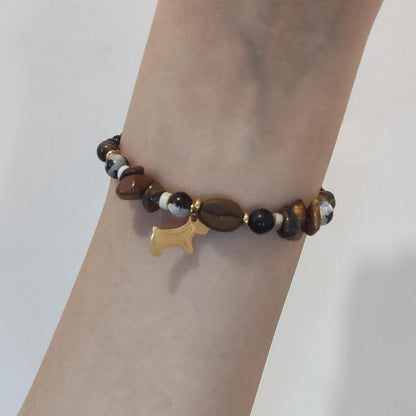 Original Handmade Coffee Dog/Cat Czech Bead Bracelet | Natural Tiger's Eye Stone Retro Bracelet