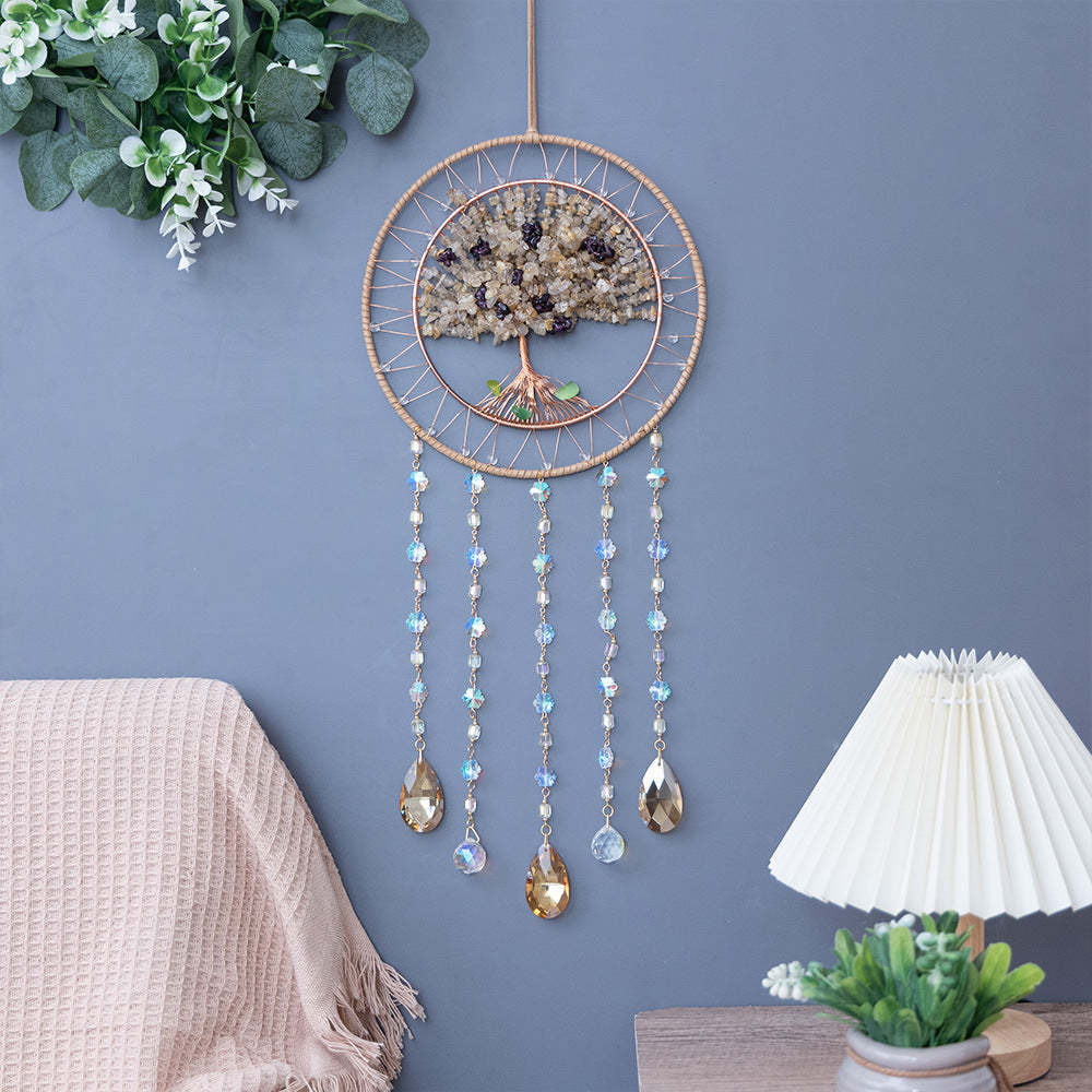 Natural Agate Crystal Gravel Dreamcatcher | Tree of Life Wind Chimes Hanging Ornament