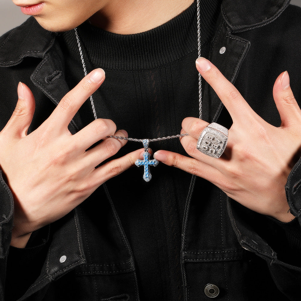 Hip-Hop Blue Zircon Cross Men's Necklace