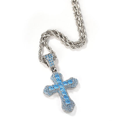 Hip-Hop Blue Zircon Cross Men's Necklace