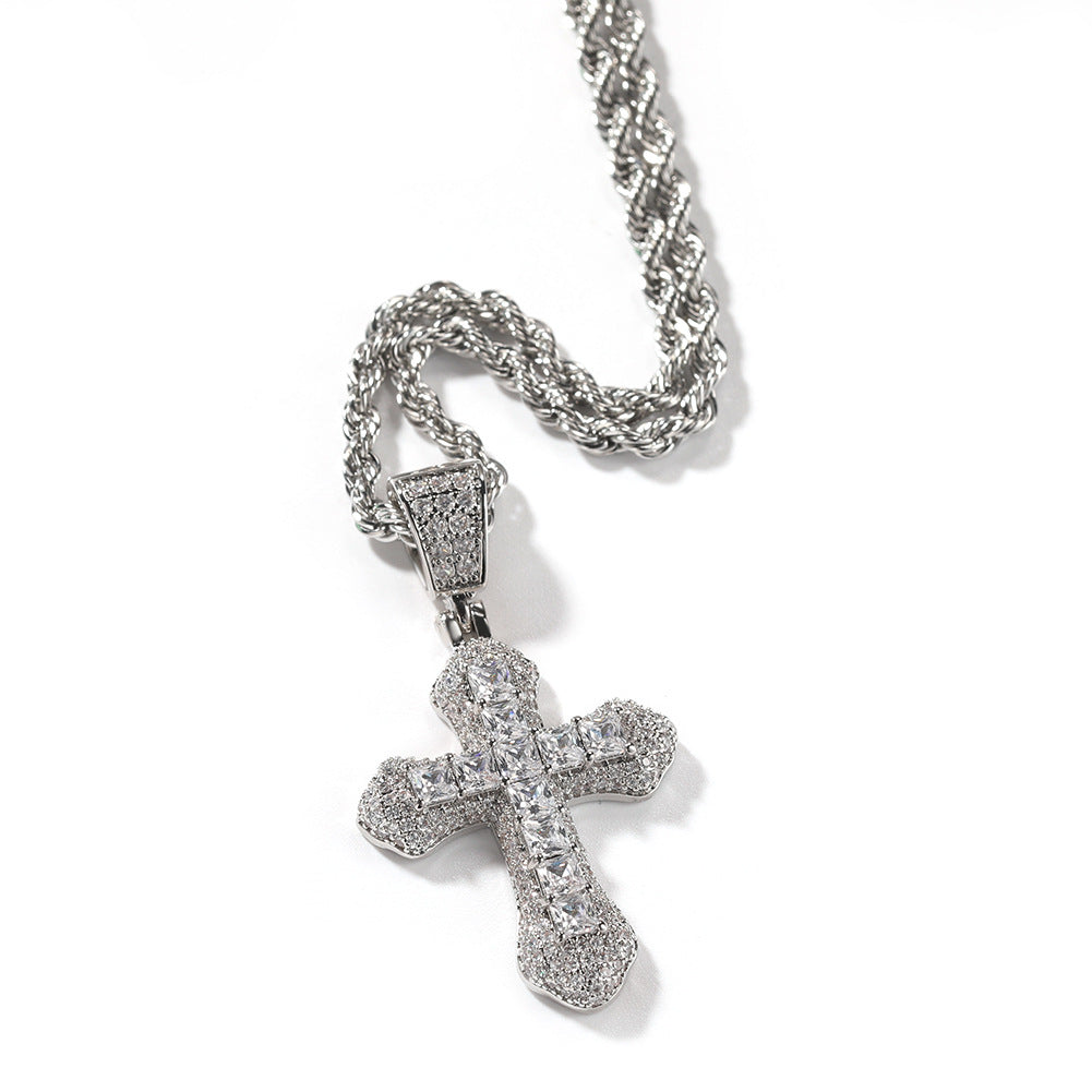 Hip-Hop Blue Zircon Cross Men's Necklace